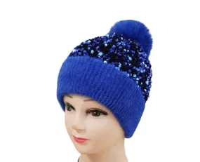 Glitzy Glam Pom Beanie: Blue