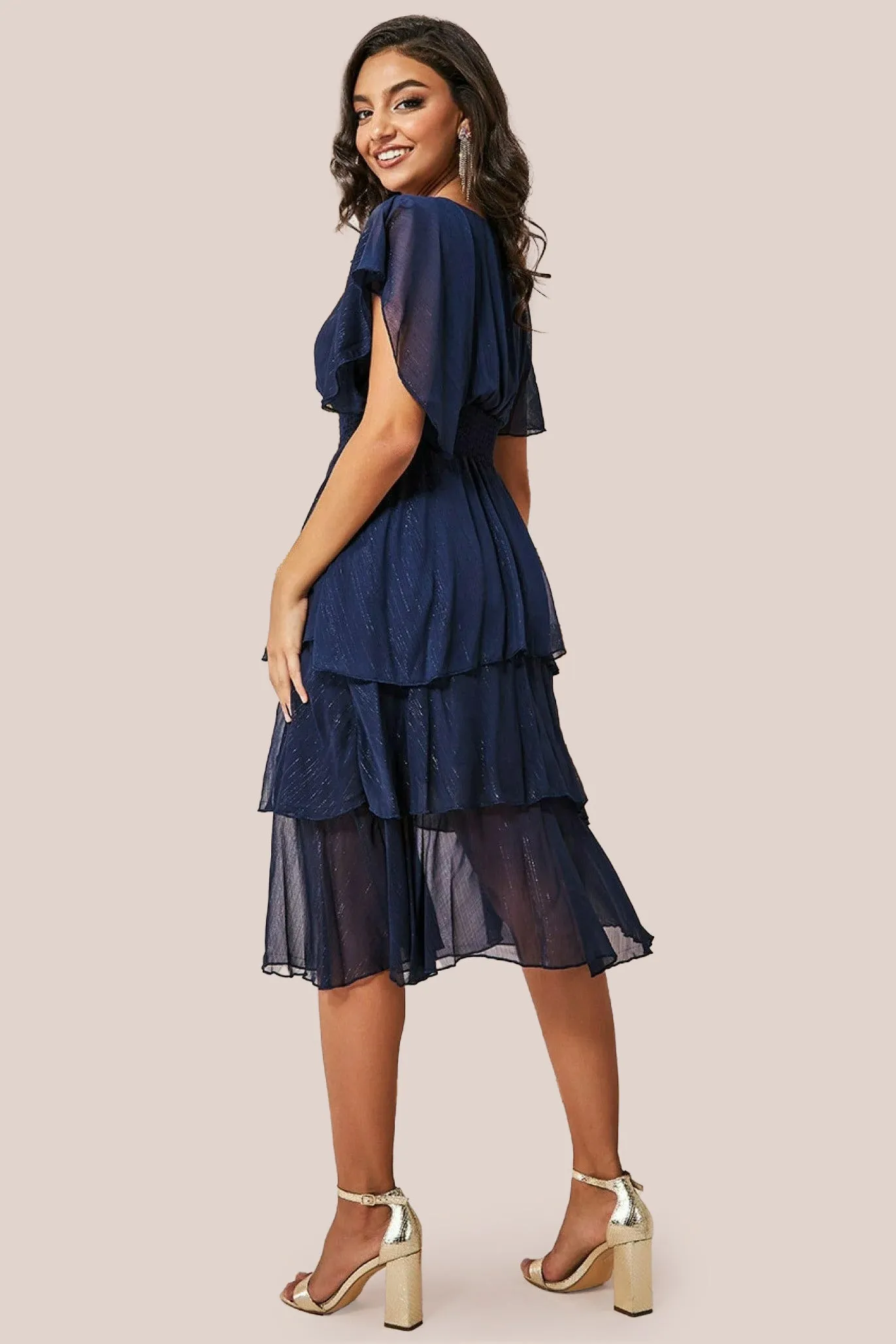 Goddiva Chiffon Layered Flutter Sleeve Midi Dress - Navy