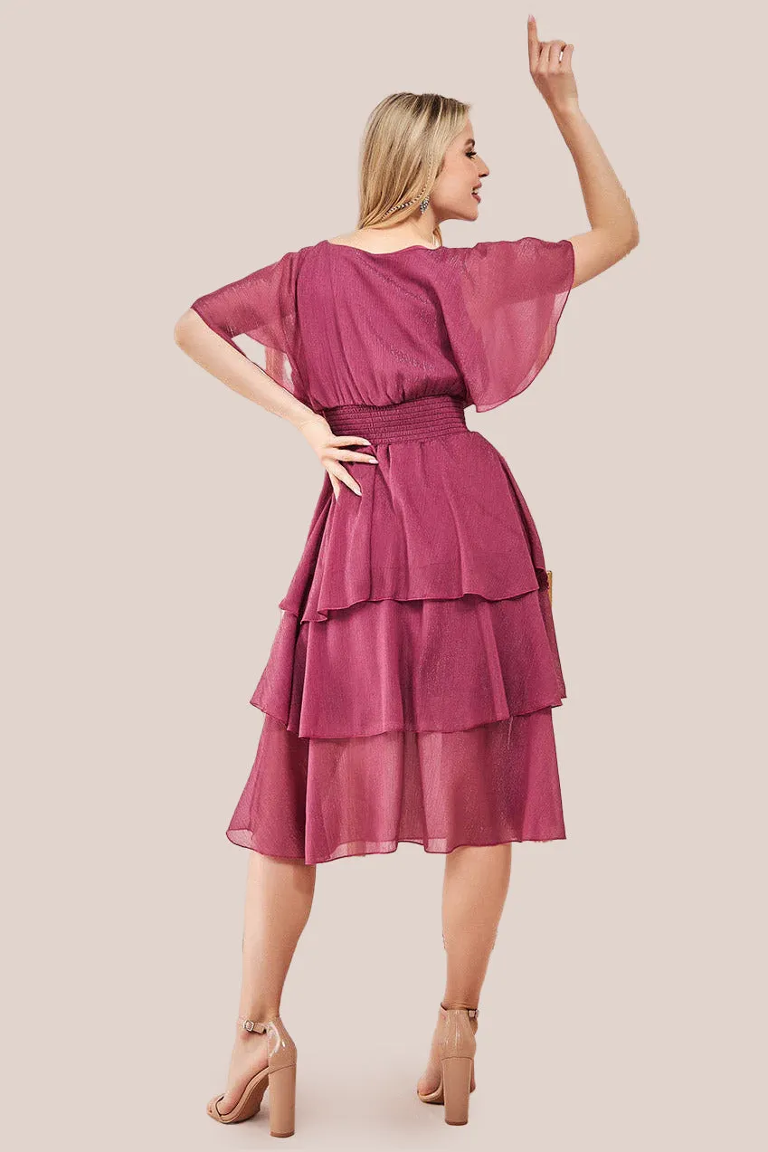 Goddiva Chiffon Layered Flutter Sleeve Midi Dress - Pink