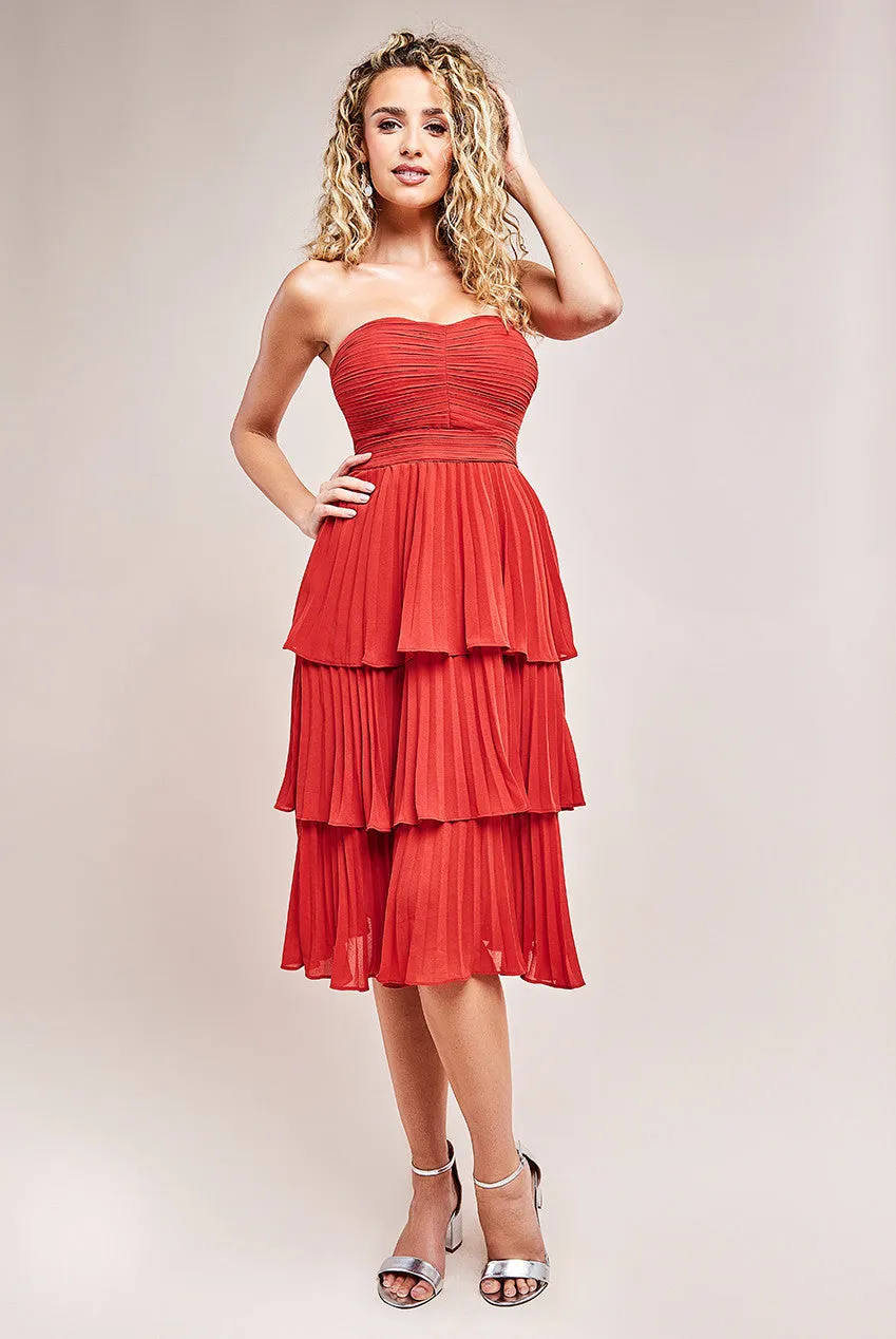 Goddiva Pleated Bandeau Bodice Chiffon Tiered Midi Dress