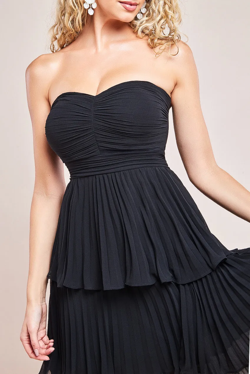 Goddiva Pleated Bandeau Bodice Chiffon Tiered Midi Dress