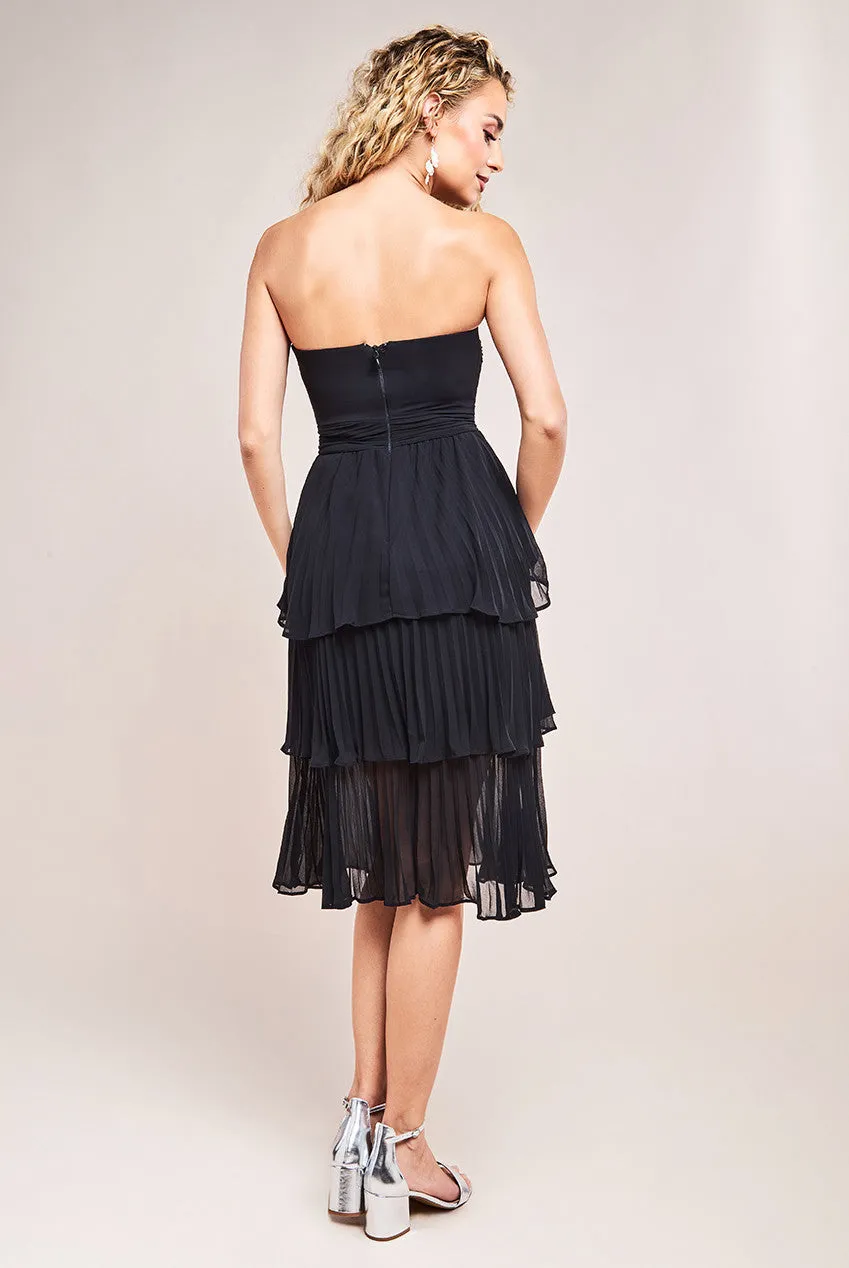 Goddiva Pleated Bandeau Bodice Chiffon Tiered Midi Dress