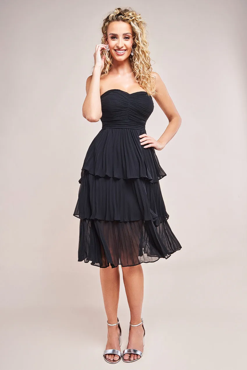 Goddiva Pleated Bandeau Bodice Chiffon Tiered Midi Dress