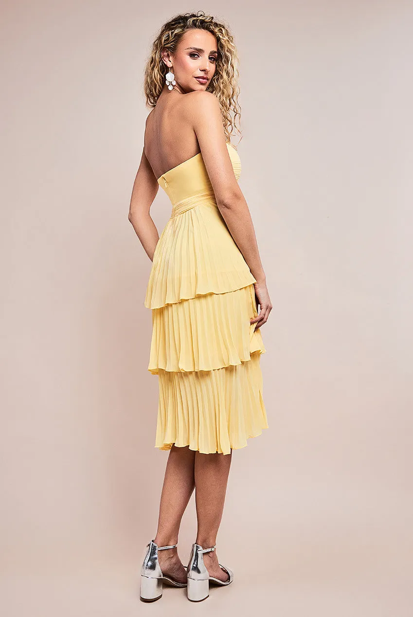 Goddiva Pleated Bandeau Bodice Chiffon Tiered Midi Dress