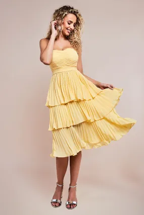 Goddiva Pleated Bandeau Bodice Chiffon Tiered Midi Dress