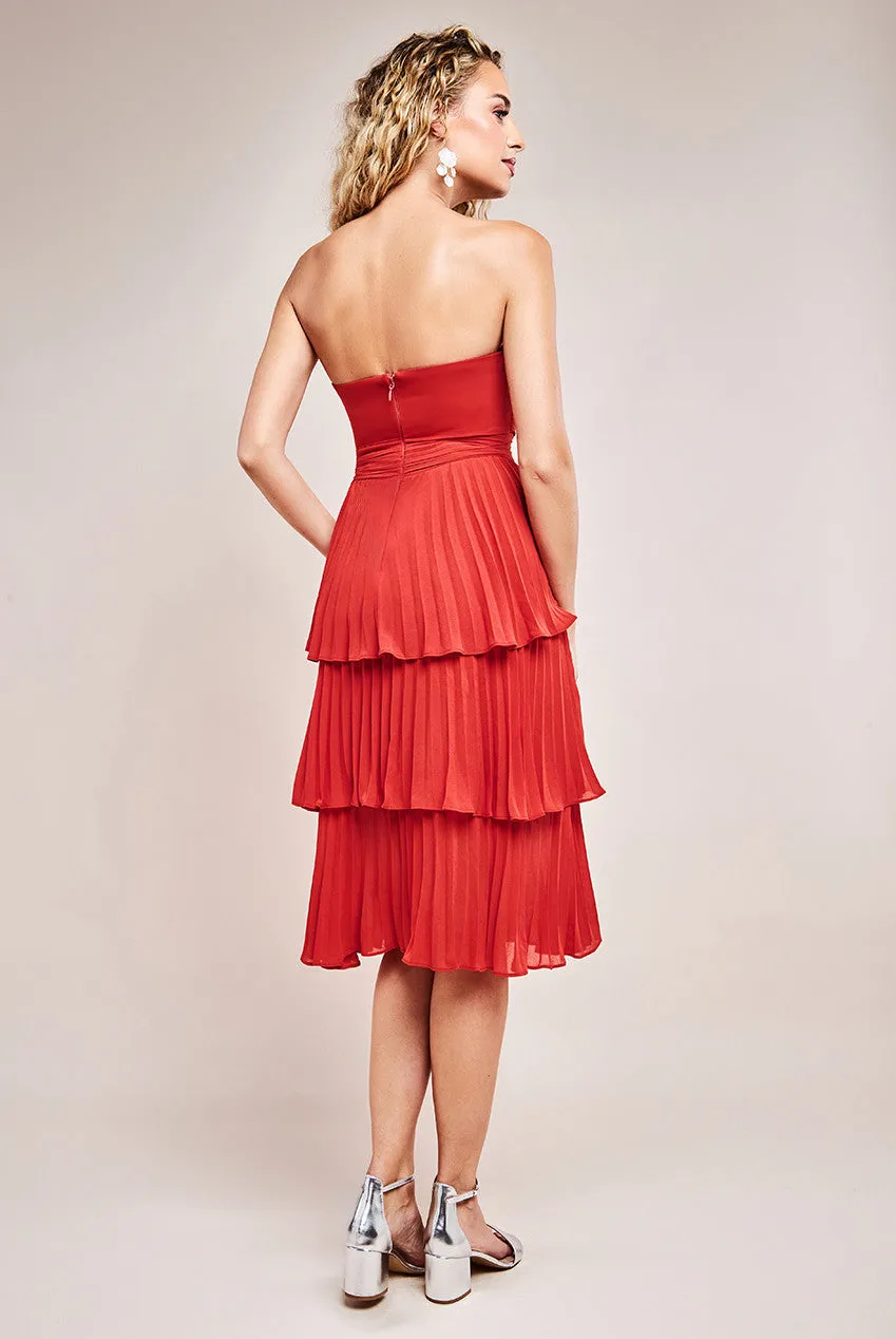 Goddiva Pleated Bandeau Bodice Chiffon Tiered Midi Dress