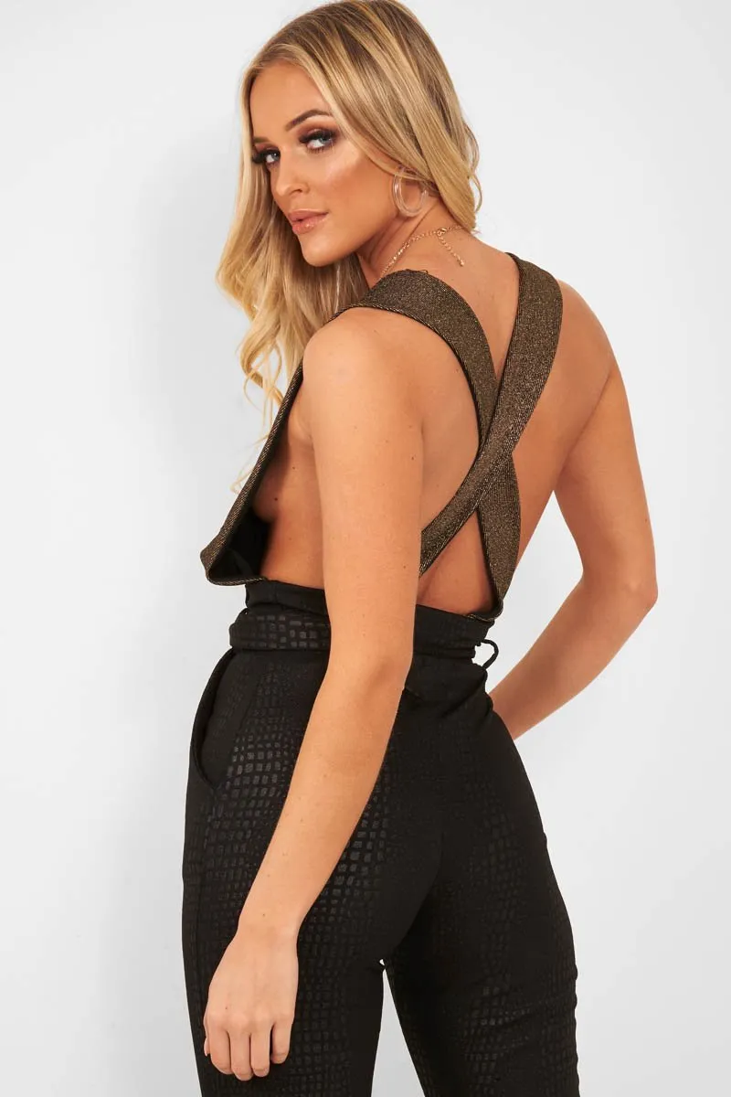 Gold Black Plunge Cross Back Bodysuit - Jolina