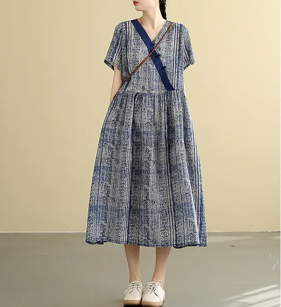 Gray Print Summer Cotton Linen Spring Women loose  Dresses DZA05092