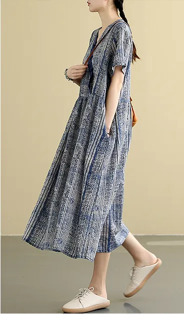 Gray Print Summer Cotton Linen Spring Women loose  Dresses DZA05092