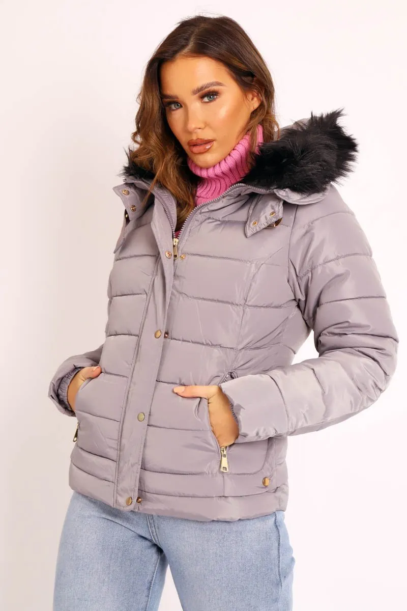 Grey Faux Fur Trim Hood Padded Coat - Jessabelle