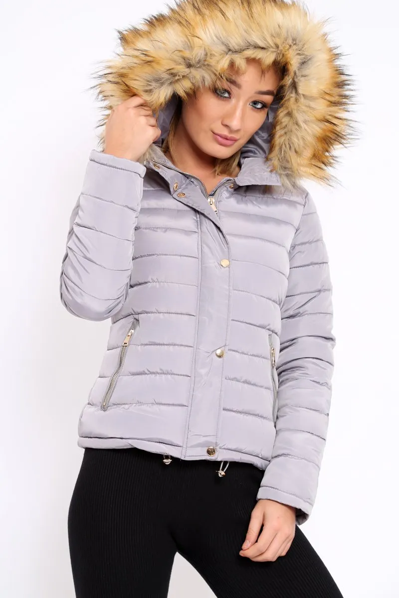 Grey Padded Coat with Fur Trim Hood - Helena