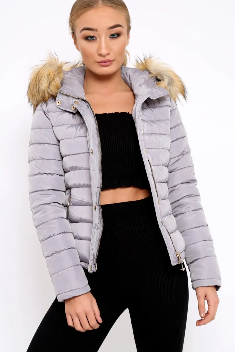 Grey Padded Coat with Fur Trim Hood - Helena