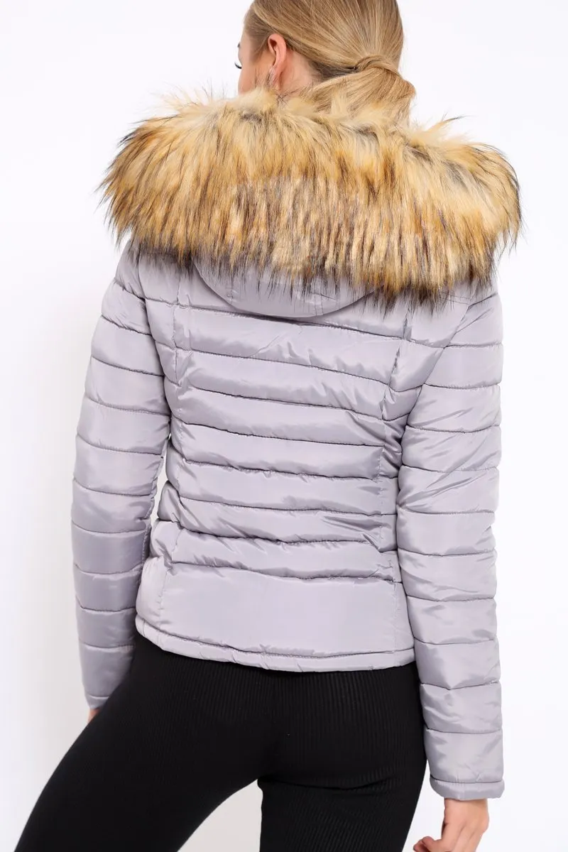 Grey Padded Coat with Fur Trim Hood - Helena