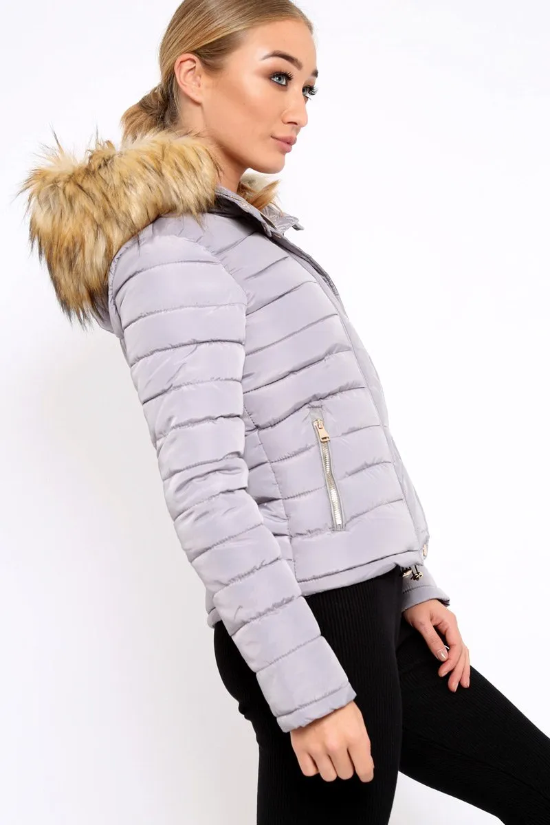 Grey Padded Coat with Fur Trim Hood - Helena