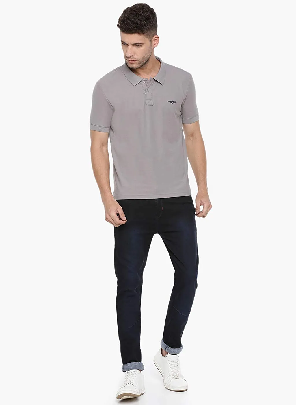 Grey Slim Fit Polo Neck T-Shirt with collar for Men