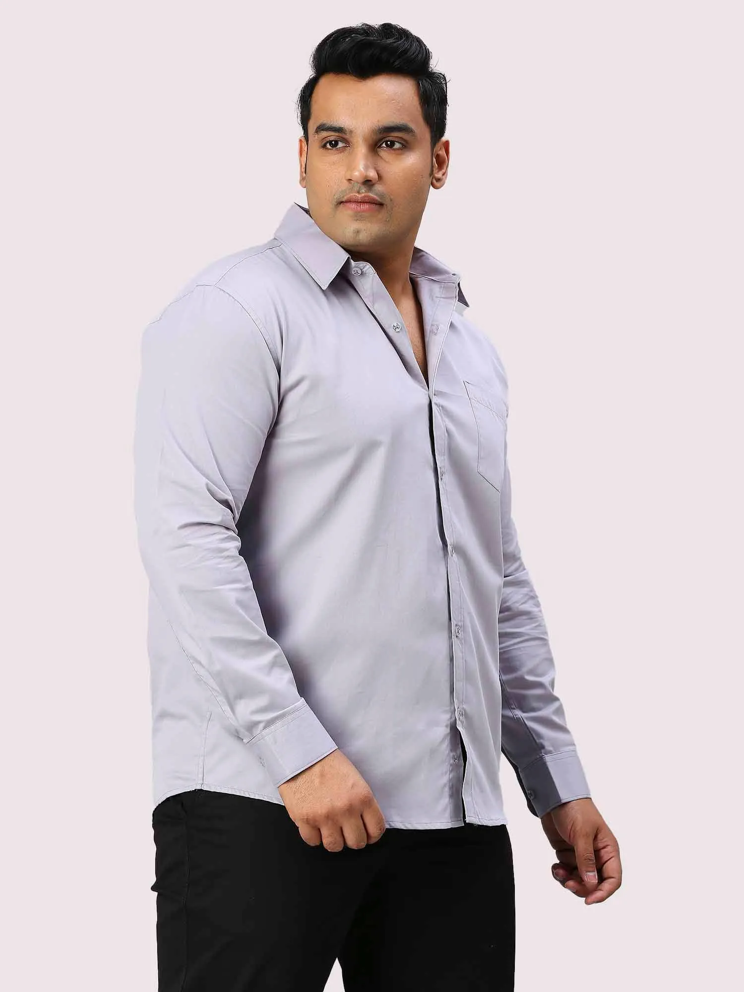 Grey Solid Pure Cotton Full Sleeve Shirt Men's Plus Size