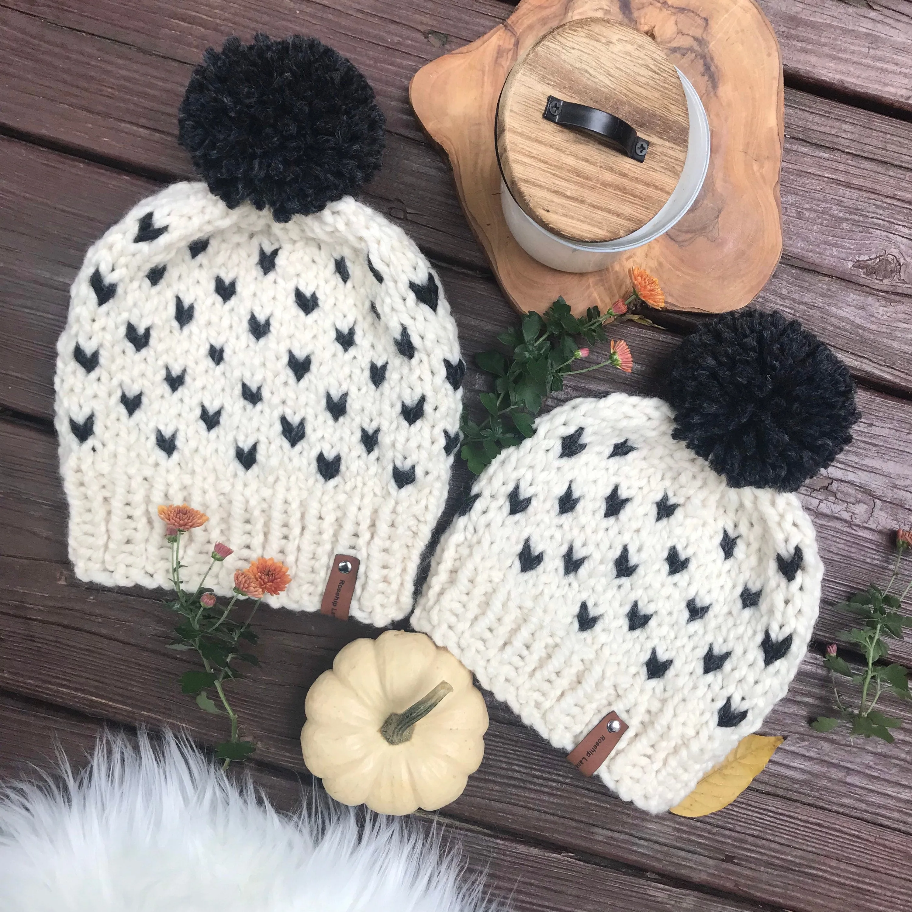 Handmade Knitted Women's Kids Mommy & Me Chunky Classic Heart Print Fair Isle Pom Pom Beanie Hat Cap Ivory Black