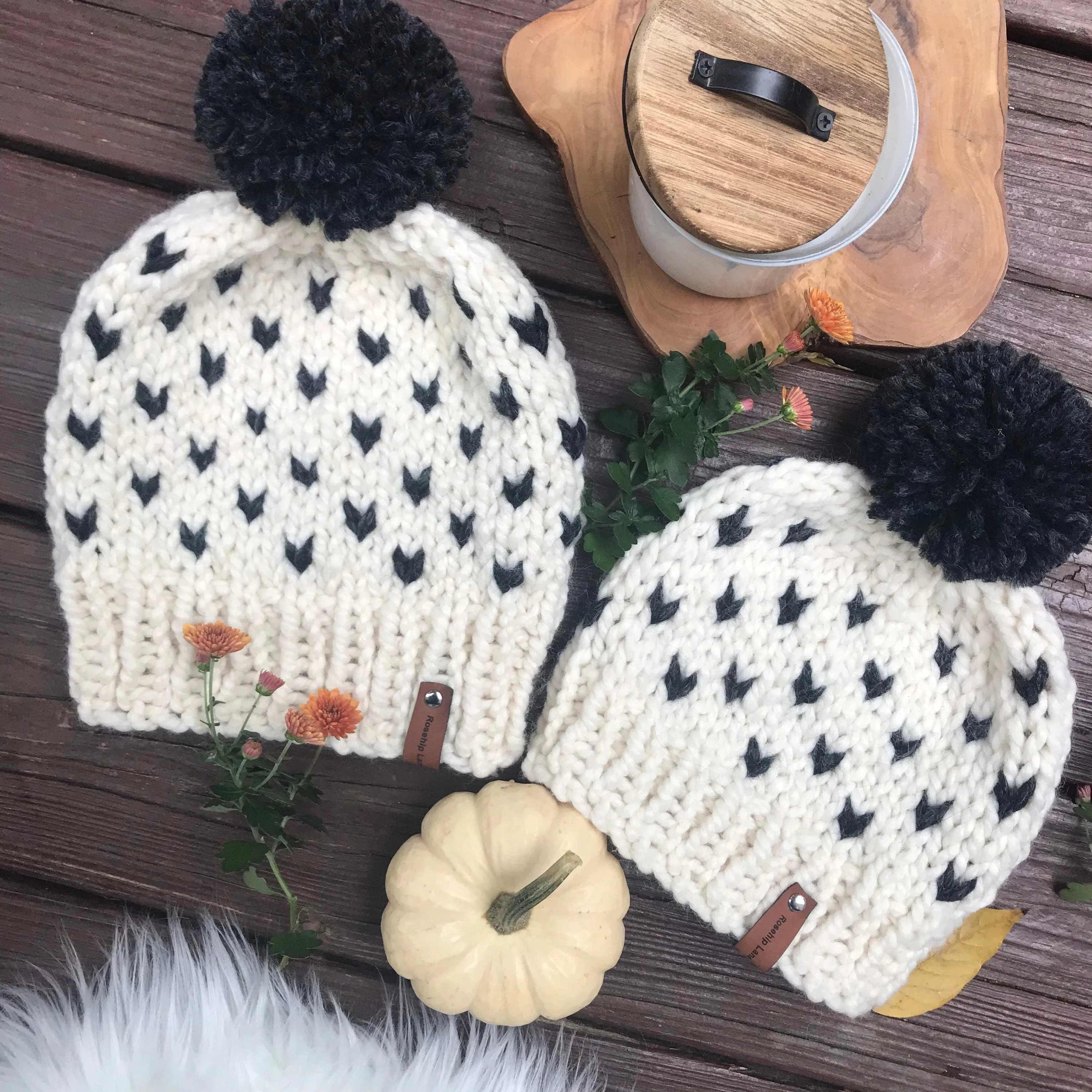 Handmade Knitted Women's Kids Mommy & Me Chunky Classic Heart Print Fair Isle Pom Pom Beanie Hat Cap Ivory Black