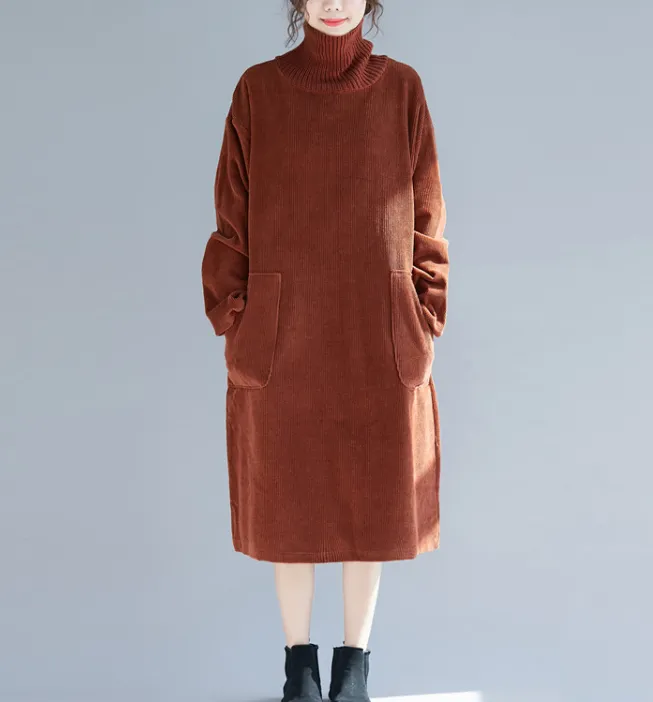 High Collar Brown Sweater Dresses Loose Fall Dresses Casual Women Dresses SSM97213