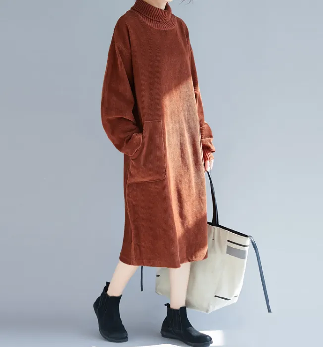 High Collar Brown Sweater Dresses Loose Fall Dresses Casual Women Dresses SSM97213