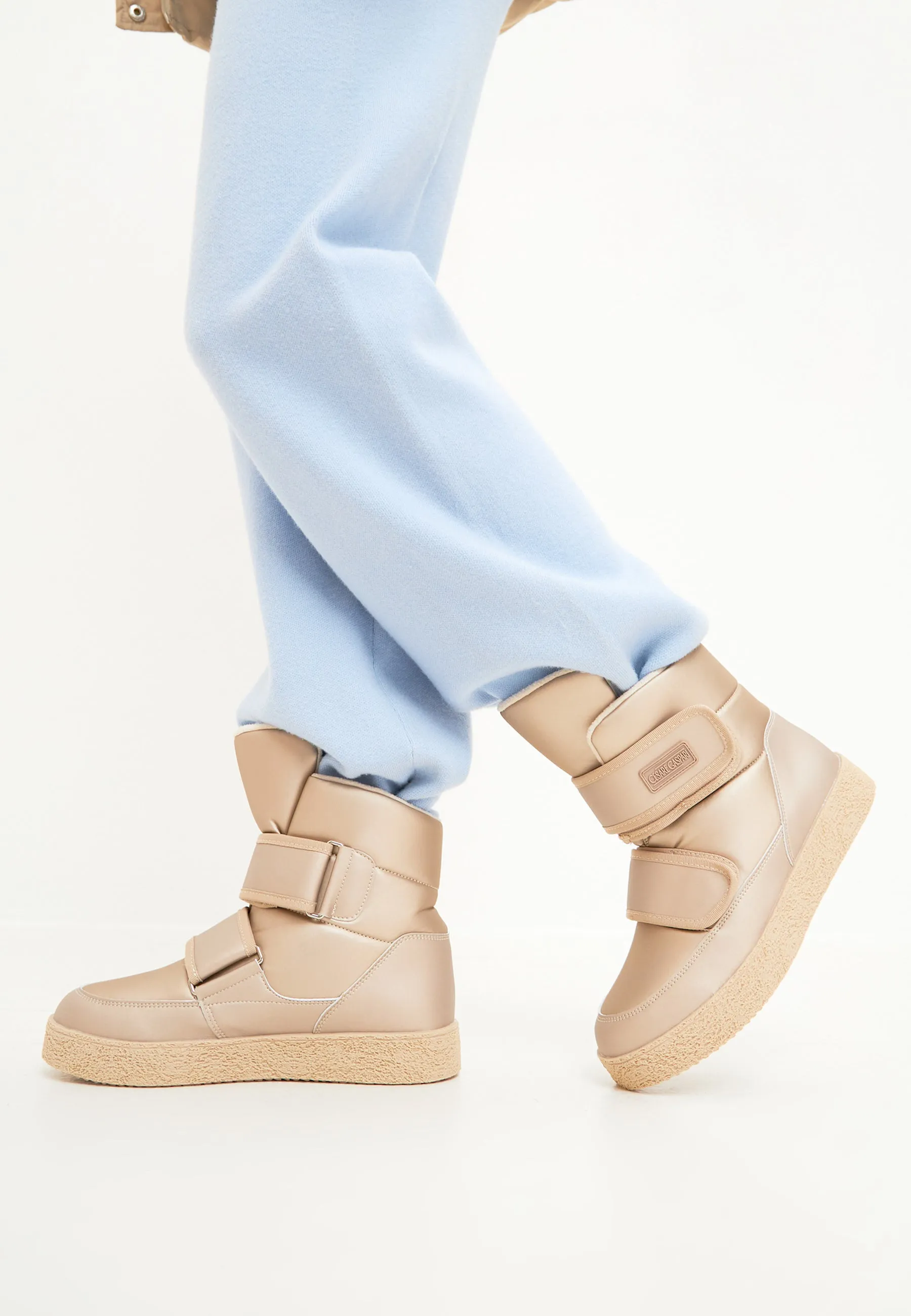 High-Top Winter Boots with Velcro Straps - Beige