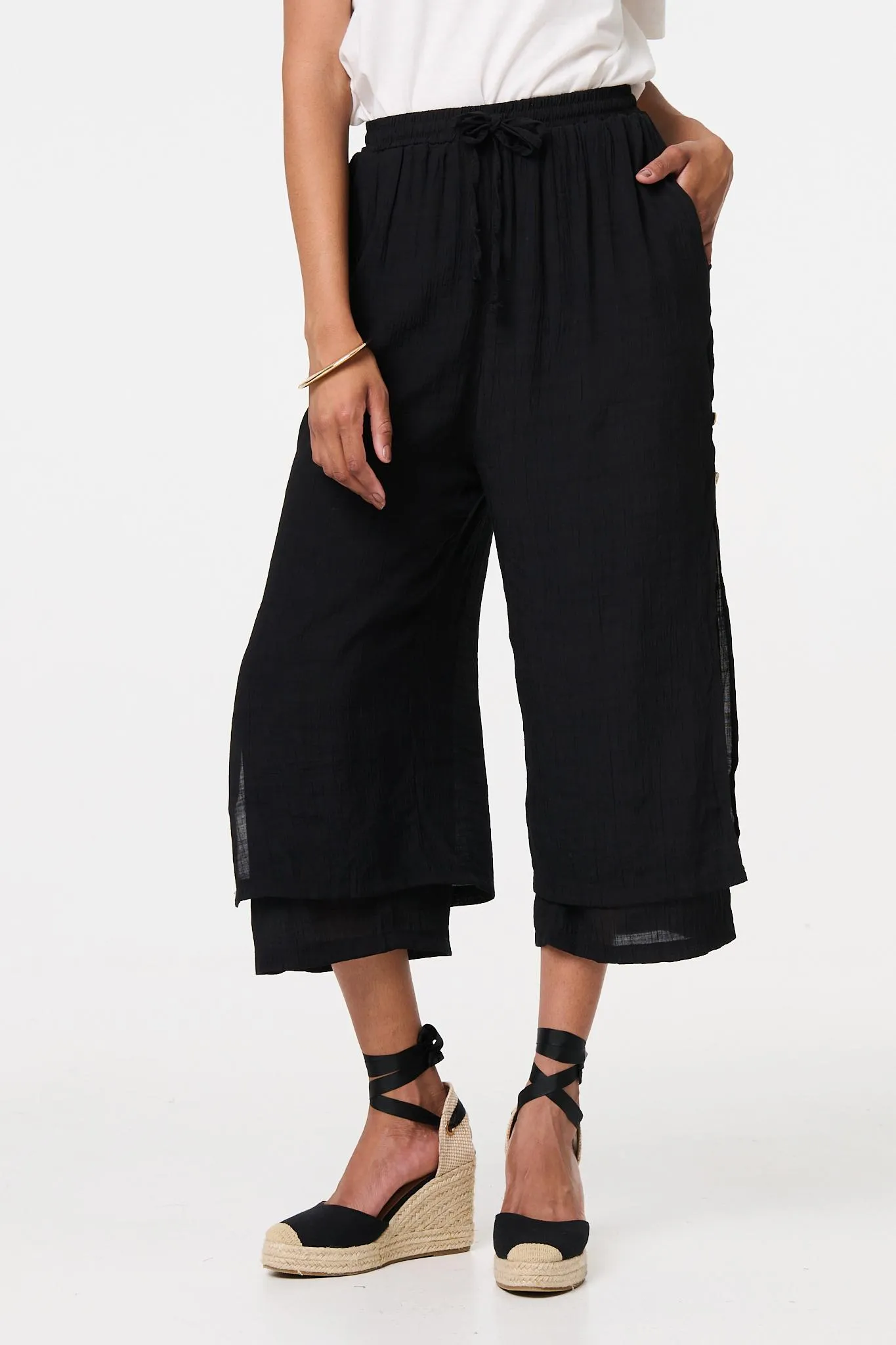 High Waist Layered Hem Cropped Trousers