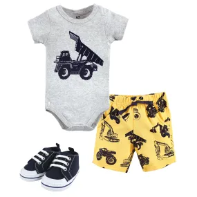 Hudson Baby Cotton Bodysuit, Shorts and Shoe Set, Construction Trucks