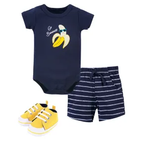 Hudson Baby Cotton Bodysuit, Shorts and Shoe Set, Go Bananas