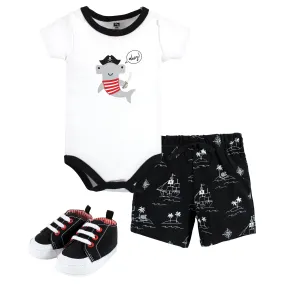 Hudson Baby Cotton Bodysuit, Shorts and Shoe Set, Pirate Shark