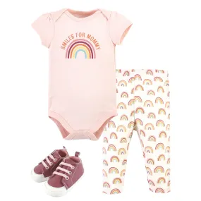 Hudson Baby Cotton Short Sleeve Bodysuit, Pant and Shoe Set, Sunshine Rainbows