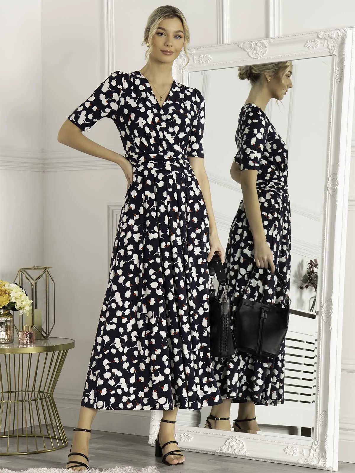 Jolie Moi Acadia Floral Print Wrap Maxi Dress, Navy White Floral