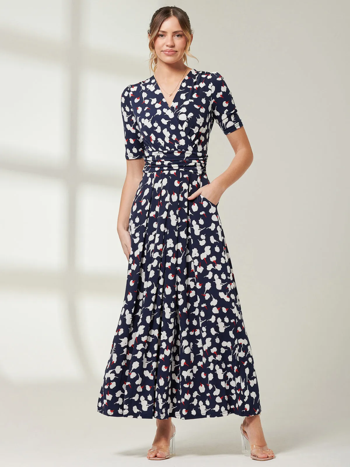 Jolie Moi Acadia Floral Print Wrap Maxi Dress, Navy White Floral