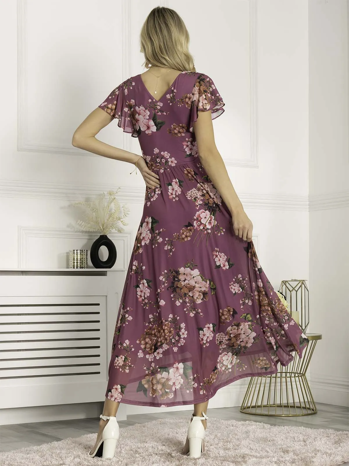 Jolie Moi Eliza Dip Hem Mesh Maxi Dress, Purple Floral