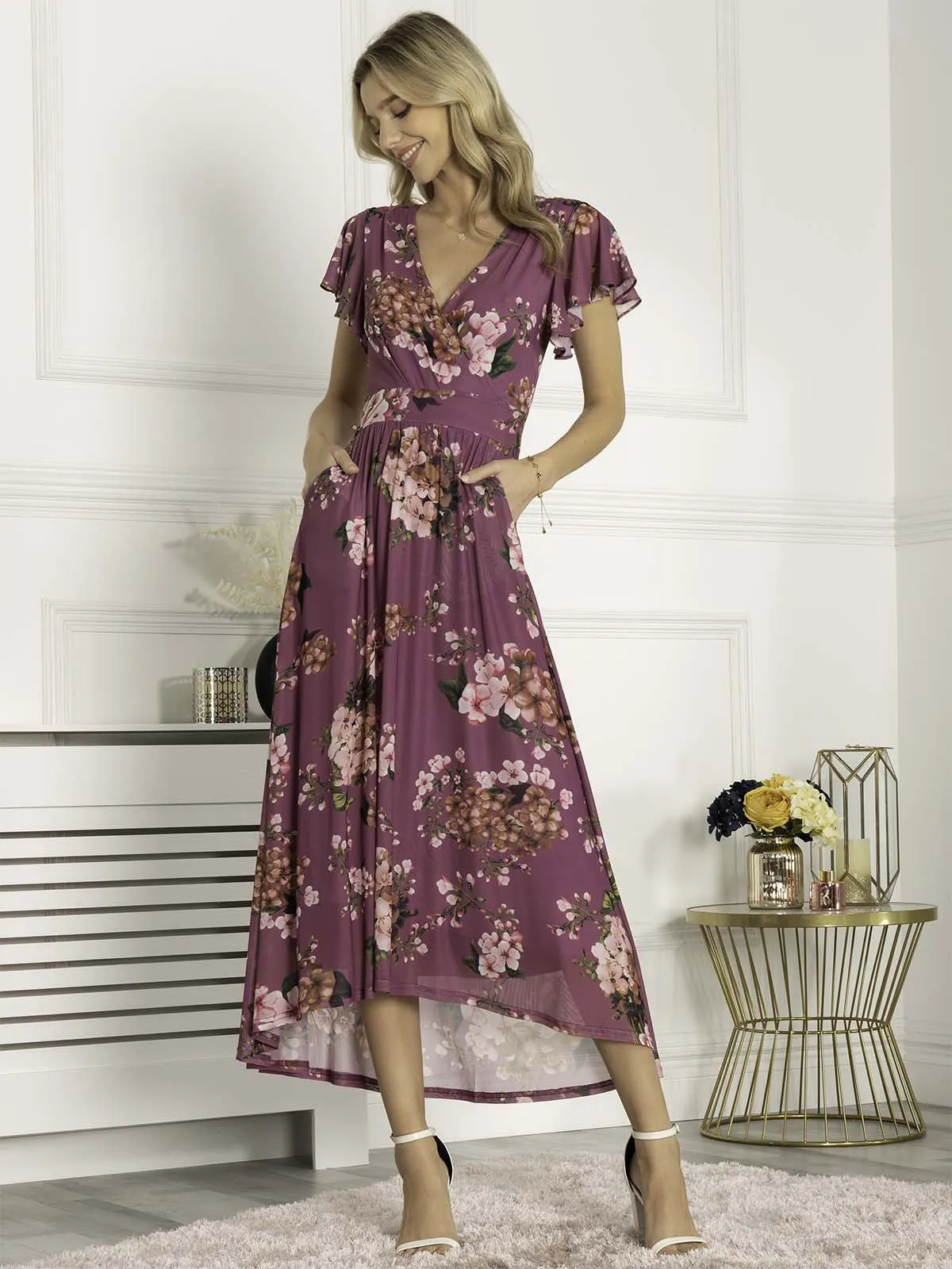 Jolie Moi Eliza Dip Hem Mesh Maxi Dress, Purple Floral