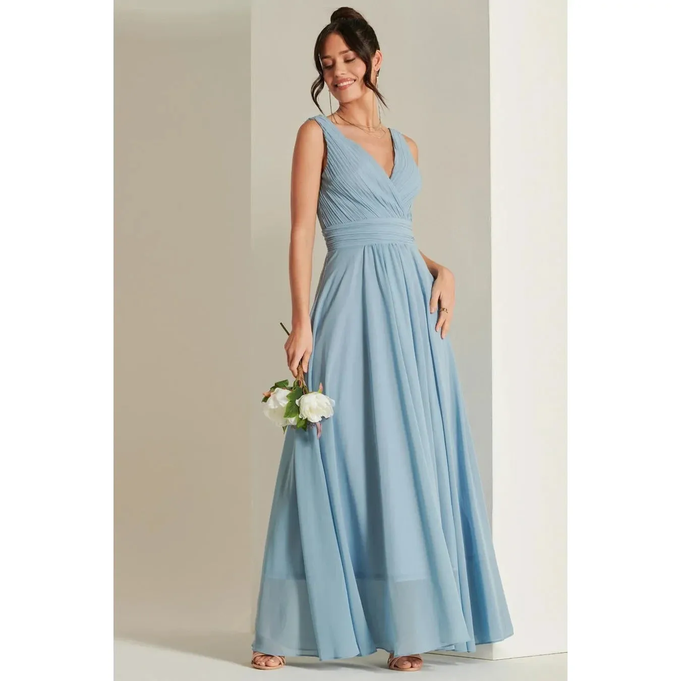 Jolie Moi Pale Blue V-Neck Pleated Bodice Maxi Dress