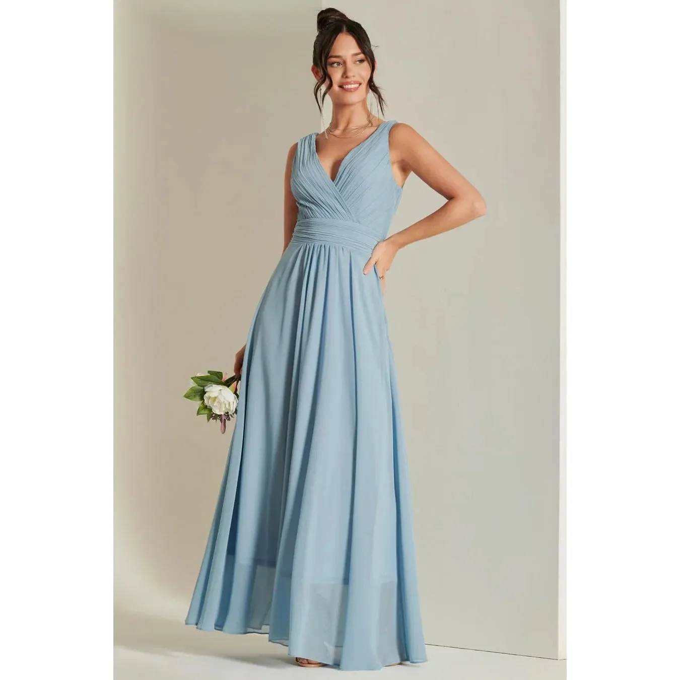 Jolie Moi Pale Blue V-Neck Pleated Bodice Maxi Dress