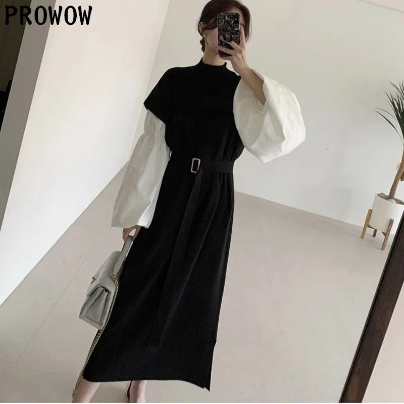 Joskaa Christmas Gift French Retro Sweet Sweater Dress 2020 New Autumn Lantern Sleeve Korean Loose Office Knitted Dress Woman One Piece Midi Dresses