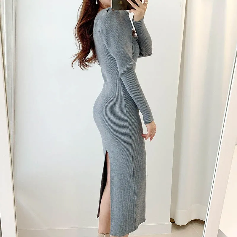 Joskaa Christmas Gift Korean Winter Knit One Piece Dress Sexy Square Collar Slim Woman Office Midi Dress Vintage Puff Full Sleeve Sweater Party Dress