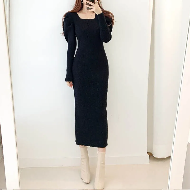 Joskaa Christmas Gift Korean Winter Knit One Piece Dress Sexy Square Collar Slim Woman Office Midi Dress Vintage Puff Full Sleeve Sweater Party Dress