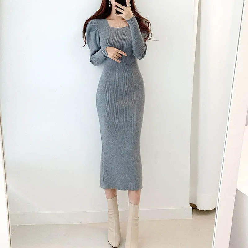 Joskaa Christmas Gift Korean Winter Knit One Piece Dress Sexy Square Collar Slim Woman Office Midi Dress Vintage Puff Full Sleeve Sweater Party Dress