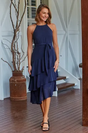 Kitty Chiffon Navy Tiered Ruffle Evening Dress