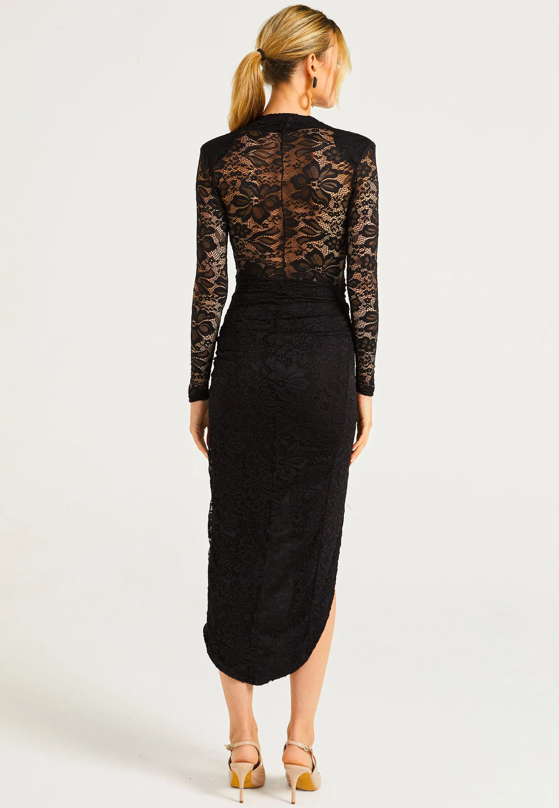 Lace Plunge Neck Faux Wrap Midi Dress in Black