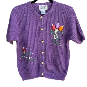 Lacy Afternoon Women's Purple Floral Embroidery Cottage Granny Cardigan Sweater