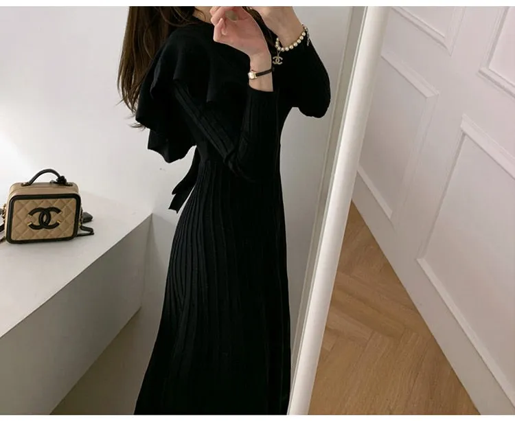 LANFUBEISI Vintage Elegant O-Neck Female Thicken Knit Long Dress Slim Full Sleeve Ruffles Women Sweater Dresses Vestidos Autumn Winter