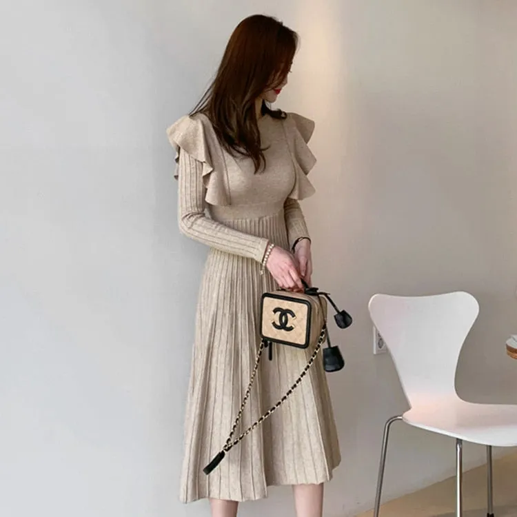 LANFUBEISI Vintage Elegant O-Neck Female Thicken Knit Long Dress Slim Full Sleeve Ruffles Women Sweater Dresses Vestidos Autumn Winter