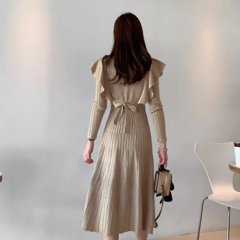 LANFUBEISI Vintage Elegant O-Neck Female Thicken Knit Long Dress Slim Full Sleeve Ruffles Women Sweater Dresses Vestidos Autumn Winter