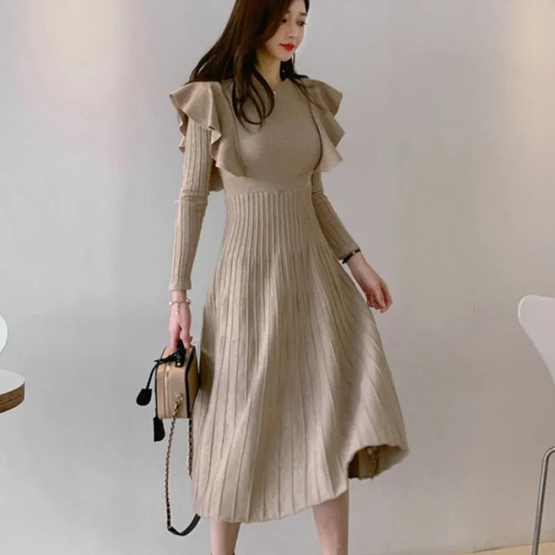 LANFUBEISI Vintage Elegant O-Neck Female Thicken Knit Long Dress Slim Full Sleeve Ruffles Women Sweater Dresses Vestidos Autumn Winter