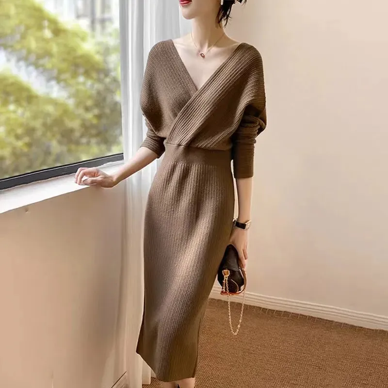 LANFUBEISI Vintage French Casual V-Neck Solid Sweater Knitting Long Sleeve Dress Women Backless Knit Dress Korean Clothing Robe Autumn