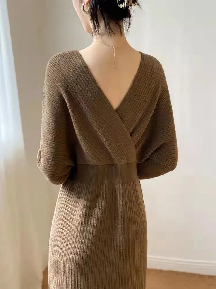 LANFUBEISI Vintage French Casual V-Neck Solid Sweater Knitting Long Sleeve Dress Women Backless Knit Dress Korean Clothing Robe Autumn