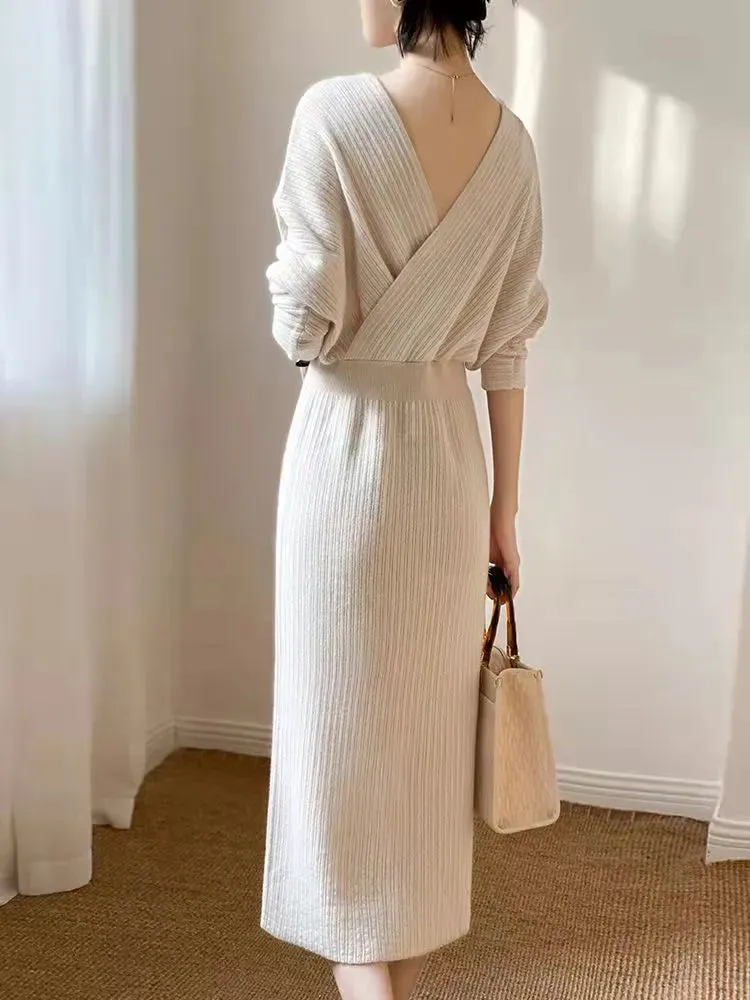 LANFUBEISI Vintage French Casual V-Neck Solid Sweater Knitting Long Sleeve Dress Women Backless Knit Dress Korean Clothing Robe Autumn